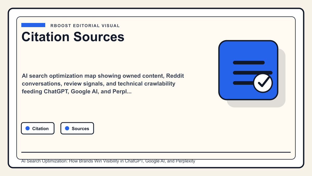 AI search optimization map showing owned content, Reddit conversations, review signals, and technical crawlability feeding ChatGPT, Google AI, and Perplexity