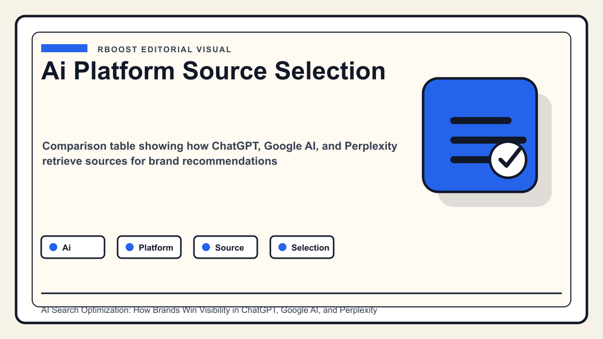 Comparison table showing how ChatGPT, Google AI, and Perplexity retrieve sources for brand recommendations