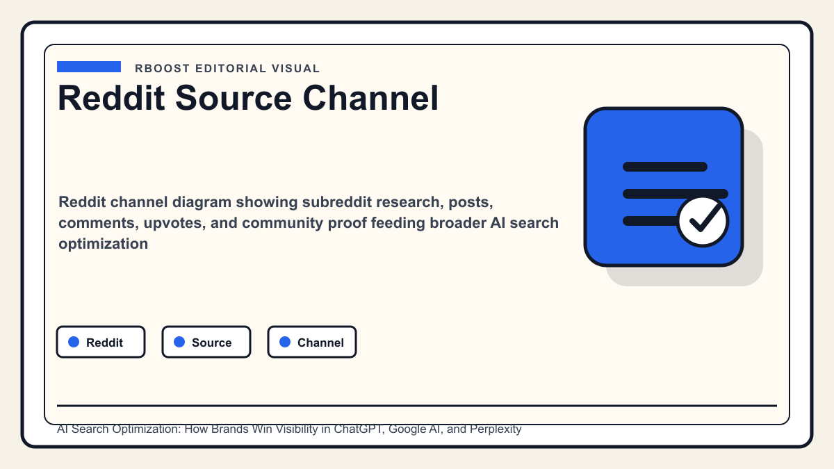 Reddit channel diagram showing subreddit research, posts, comments, upvotes, and community proof feeding broader AI search optimization