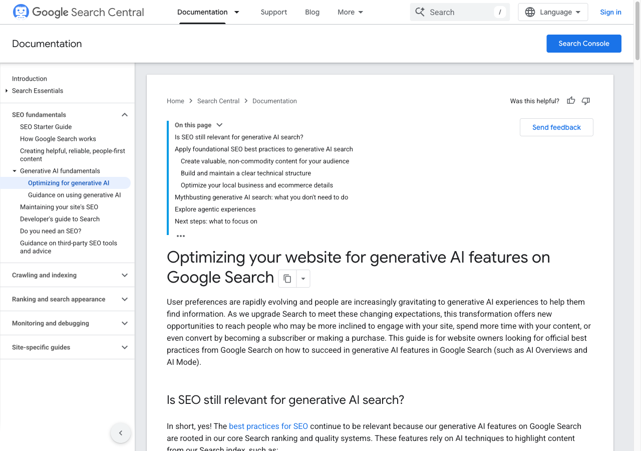 Google Search Central AI features documentation showing how site owners should approach AI Overviews and AI Mode eligibility