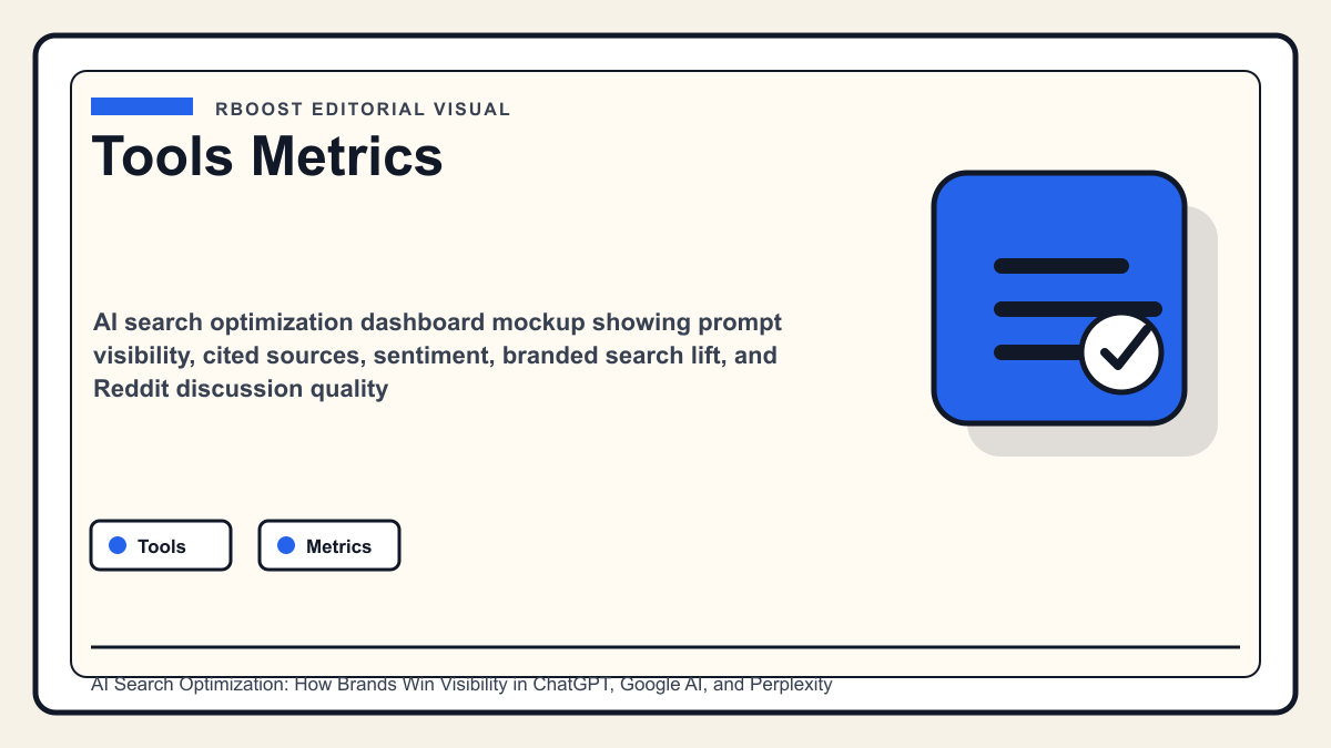 AI search optimization dashboard mockup showing prompt visibility, cited sources, sentiment, branded search lift, and Reddit discussion quality