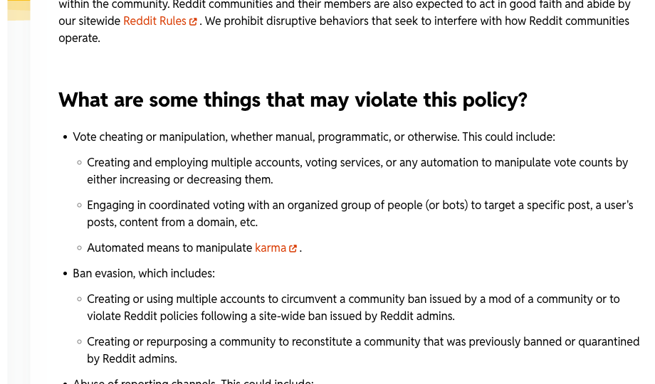 Reddit policy screenshot highlighting vote manipulation and account quality risk
