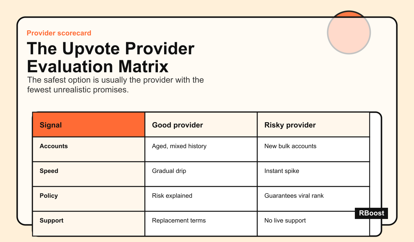 Provider scorecard for the best Reddit upvote sites in 2026