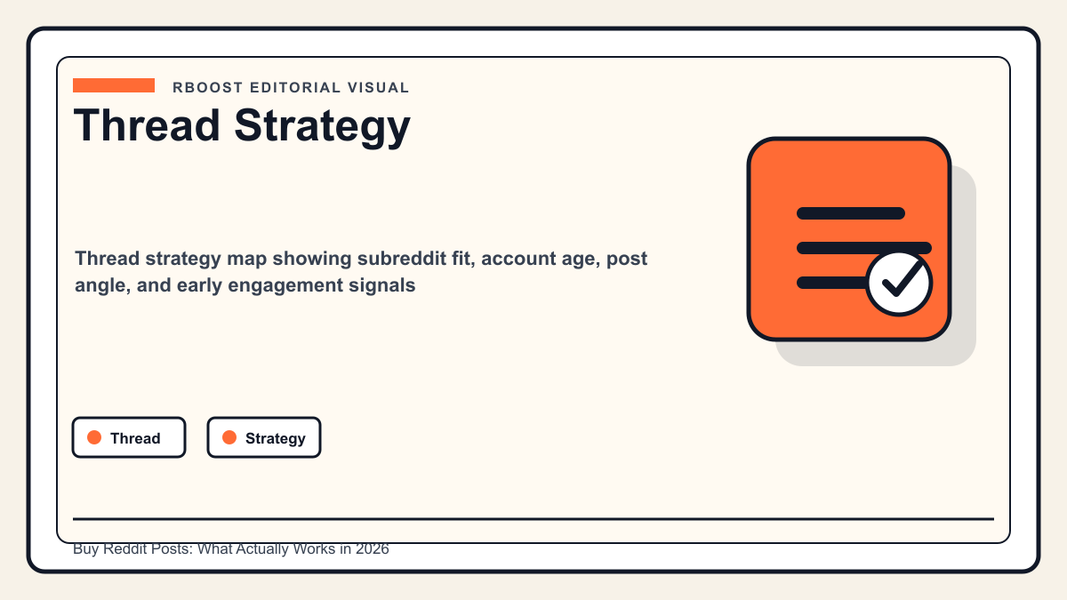 Thread strategy map showing subreddit fit, account age, post angle, and early engagement signals