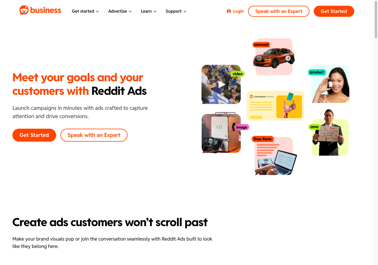Reddit Business ad types page showing official promoted placement formats available to advertisers