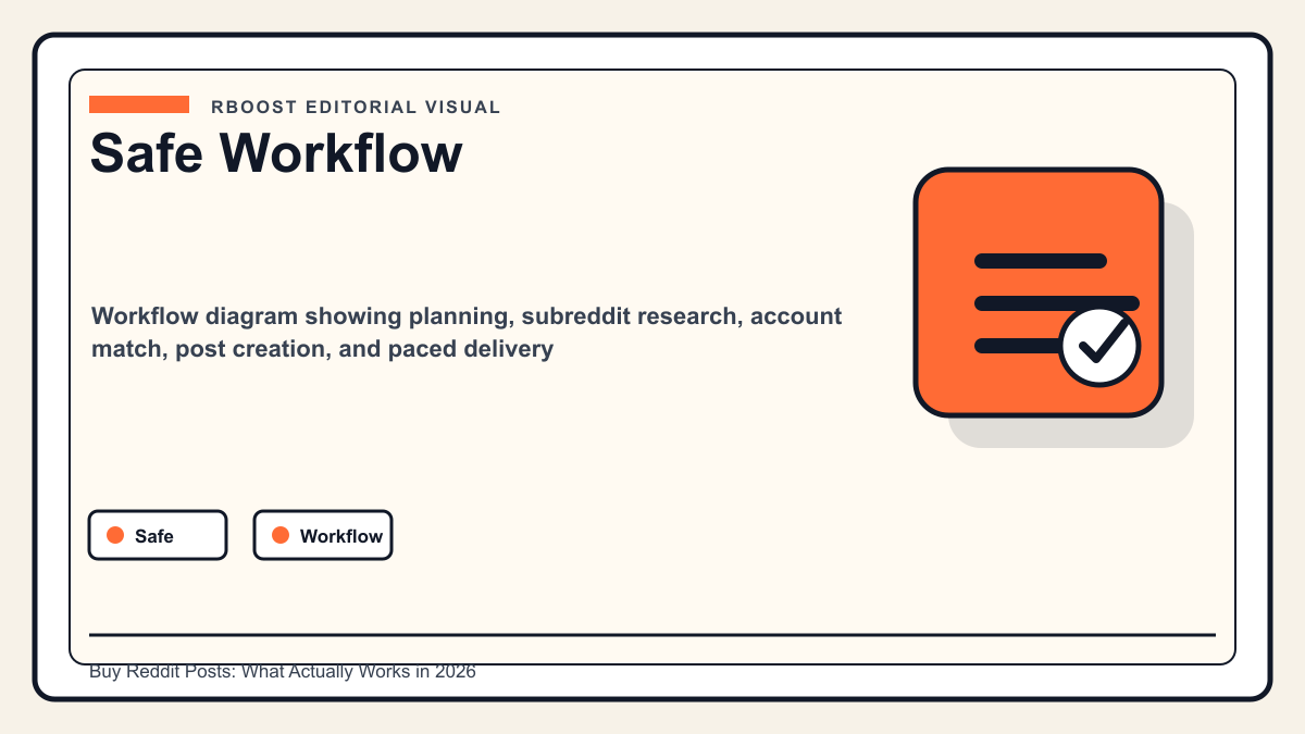 Workflow diagram showing planning, subreddit research, account match, post creation, and paced delivery