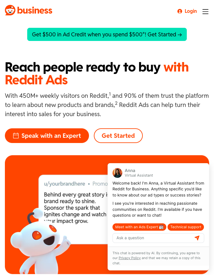 Reddit for Business landing page showing Reddit Ads platform with 450M+ weekly visitors and 90% platform trust rate