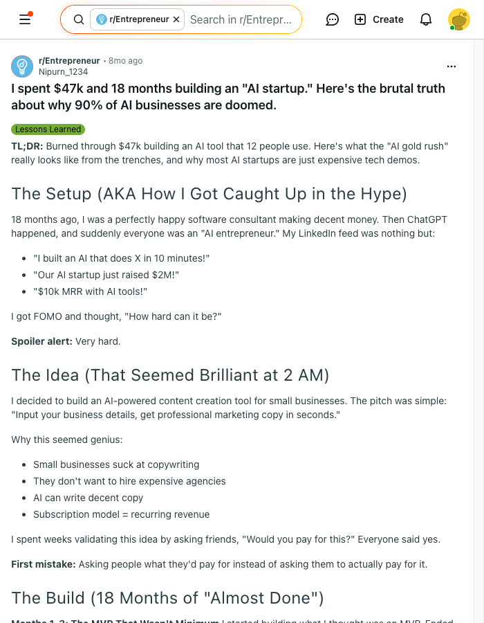 Reddit thread in r/Entrepreneur with 1.6K upvotes showing organic engagement that paid ads cannot replicate